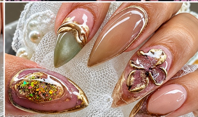Glossy gold and nude nail art